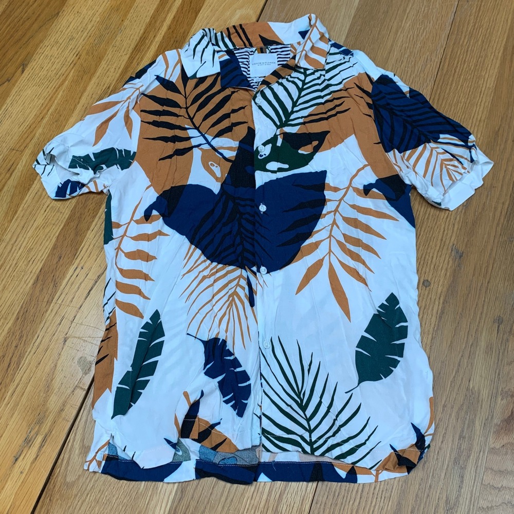 Denim & Flower Ricky Singh Mens Medium‎ Tropical Palm Leaf Short Sleeve Shirt M
